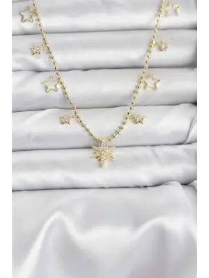 Pirinç Gold Renk Zirkon Taşlı Kutup Yıldızı Model Kadın Kolye