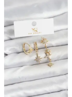 Çelik Gold Renk Zirkon Taşlı Kutup Yıldızı Model YSX Trio Küpe Seti