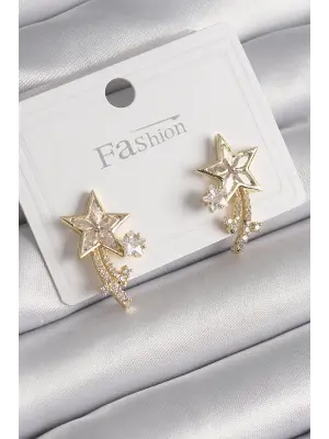 Altın Zirkon Taşlı Kuyruklu Yıldız Model Çelik Küpe