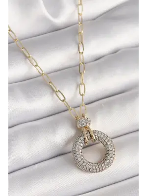 Altın Zirkon Taşlı Madalyon Modelli Çelik Kolye