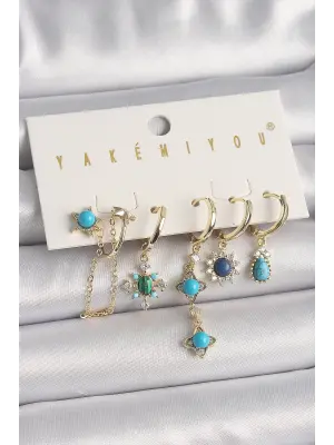  Altın Zirkon Taşlı Mavi Boncuklu Çiçek Model VIP Seri Çelik Küpe Kombini