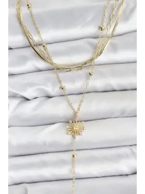 Pirinç Gold Renk Zirkon Taşlı Model Detaylı 3lü Kombin Y Kadın Kolye