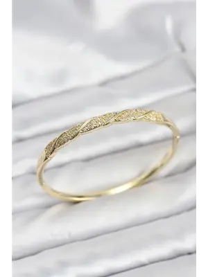 Çelik Gold Renk Zirkon Taşlı Model Kadın Kelepçe Bileklik