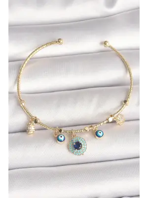 Pirinç Gold Renk Zirkon Taşlı Nazar Boncuk Detay Charm Kadın Bileklik