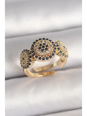 Pirinç Gold Renk Zirkon Taşlı Nazar Boncuk Model Ayarlanabilir Model Kadın Yüzük