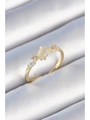  Altın Zirkon Taşlı Oval Beyaz Mineli Çelik Yüzük