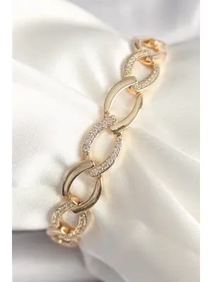 Pirinç Gold Renk Zirkon Taşlı Oval Zincir Model Kadın Bileklik