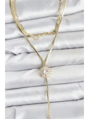 Pirinç Gold Renk Zirkon Taşlı Papatya Model Detaylı 3lü Kombin Y Kadın Kolye