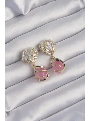  Altın Zirkon Taşlı Pembe Küre Tasarımlı Küpe