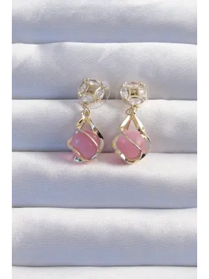  Altın Zirkon Taşlı Pembe Küre Tasarımlı Küpe