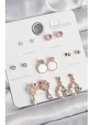 Pirinç Gold Renk Zirkon Taşlı Sallantı Damla Figür Beyaz Mine Detay 7 Çift Kadın Küpe Seti