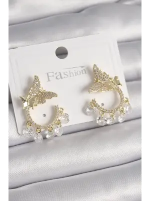  Altın Zirkon Taşlı Sallantı Detay Kelebek Model Çelik Küpe