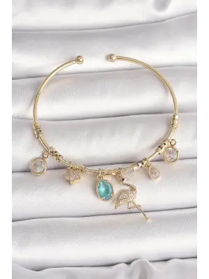 Pirinç Gold Renk Zirkon Taşlı Sallantı Filamingo Figür Charm Kadın Bileklik
