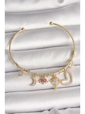 Pirinç Gold Renk Zirkon Taşlı Sallantı Gezegen Model Yıldız Detay Charm Kadın Bileklik