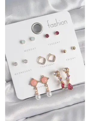 Pirinç Gold Renk Zirkon Taşlı Sallantı İnci Detay 7 Çift Kadın Küpe