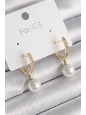  Altın Zirkon Taşlı Sallantı İnci Model Çelik Küpe