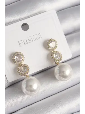  Altın Zirkon Taşlı Sallantı İnci Model Çelik Küpe