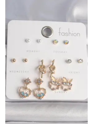  Altın Zirkon Taşlı SAllantı Kalp Düğüm Figür 7 Çift Çelik Küpe Seti