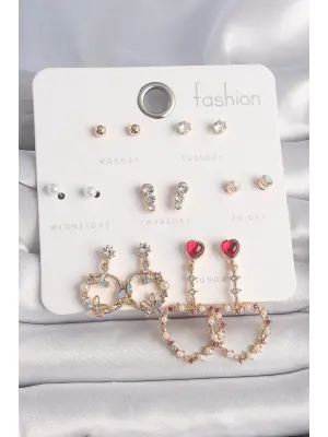  Altın Zirkon Taşlı Sallantı Kalp Figür 7 Çift Çelik Küpe Seti