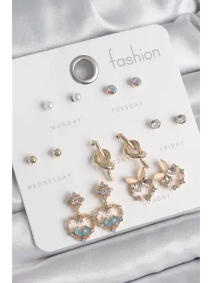 Pirinç Gold Renk Zirkon Taşlı Sallantı Kalp Figür Düğüm Detay 7 Çift Kadın Küpe Seti