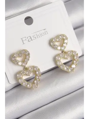  Altın Zirkon Taşlı Sallantı Kalp Model Çelik Küpe