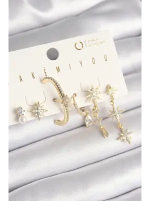  Altın Zirkon Taşlı Sallantı Kutup Yıldızı Model VIP Seri Çelik Küpe Seti