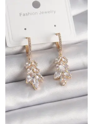  Altın Zirkon Taşlı Sallantı Yaprak Model Çelik Küpe