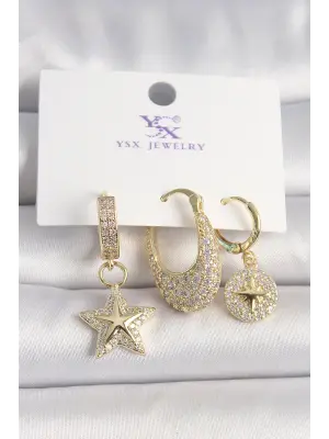 Pirinç Gold Renk Zirkon Taşlı Sallantı Yıldız Model Kutup Yıldız İşleme Detay 3Lü Kadın Küpe
