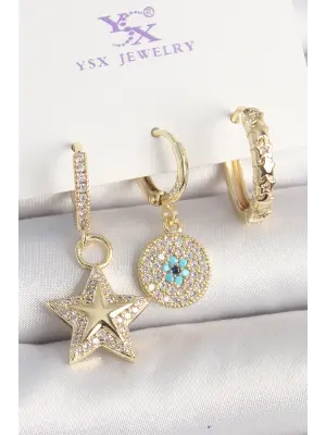Pirinç Gold Renk Zirkon Taşlı Sallantı Yıldız Model Nazar Boncuk Detay 3Lü Kadın Kombin Küpe