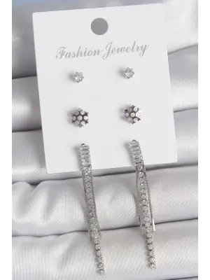 Pirinç Gold Renk Zirkon Taşlı Sallantılı Çiçek Detay 3 Çfit Kadın Küpe Seti