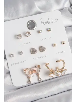 Pirinç Gold Renk Zirkon Taşlı Sallantılı Kalp Figür Kelebek Detay 7 Çift Kadın Küpe Seti