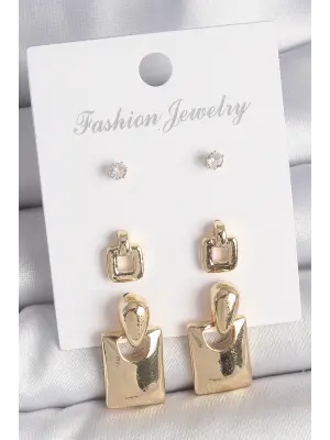 Pirinç Gold Renk Zirkon Taşlı Sallantılı Kare Model 3 Çift Kadın Küpe Seti