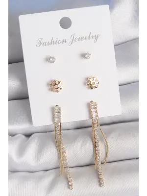 Pirinç Gold Renk Zirkon Taşlı Sallantılı Model Kar Tanesi Detay 3 Çift Kadın Küpe Seti