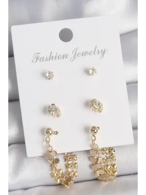 Pirinç Gold Renk Zirkon Taşlı Sallantılı Pul Model 3 Çift Kadın Küpe Seti