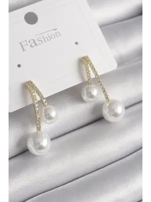 Altın Zirkon Taşlı Sarkıt Model İnci Detay Çelik Küpe