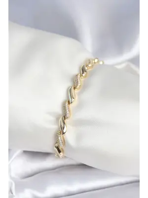 Pirinç Gold Renk Zirkon Taşlı Sarmal Model Kadın Bileklik