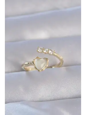  Altın Zirkon Taşlı Sedefli Kalp Model Ayarlanabilir Yüzük