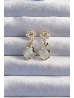  Altın Zirkon Taşlı Sedefli Küre Tasarımlı Küpe