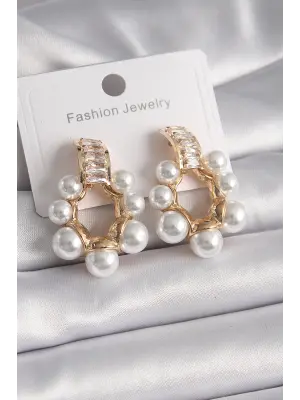  Altın Zirkon Taşlı Su Yolu İncili Halka Model Çelik Küpe