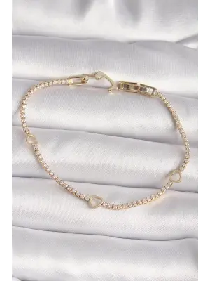 Pirinç Gold Renk Zirkon Taşlı Su Yolu Kalp Model Kadın Bileklik