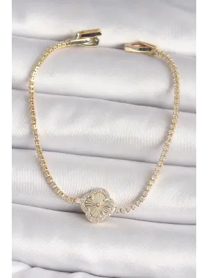 Pirinç Gold Renk Zirkon Taşlı Su Yolu Yonca Model Kadın Bileklik