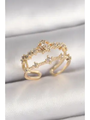 Pirinç Gold Renk Zirkon Taşlı Taç Model Ayarlanabilir Kadın Yüzük