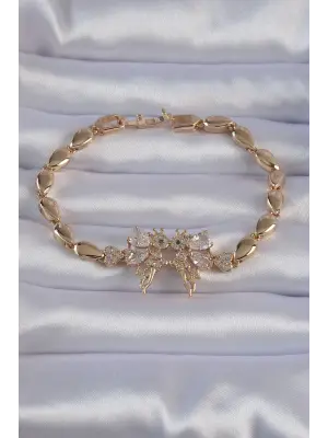 Pirinç Gold Renk Zirkon Taşlı Tinkerbell Figürlü Damla Model Bileklik