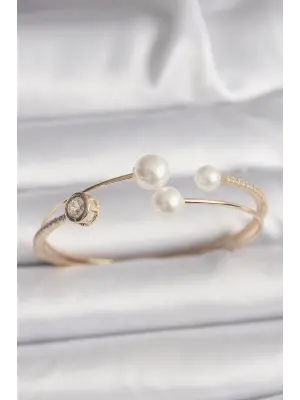 Pirinç Gold Renk Zirkon Taşlı Top İncili Kadın Bileklik