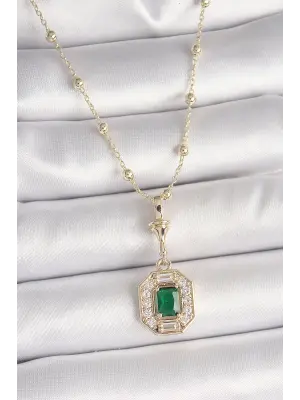 Pirinç Gold Renk Zirkon Taşlı Topçuk Zincir Serenay Model Kadın Kolye