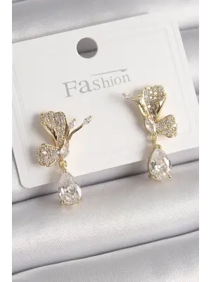  Altın Zirkon Taşlı Turna Kuşu Model Sallantı Detay Çelik Küpe