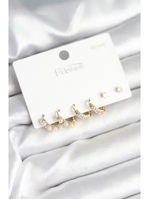 Pirinç Gold Renk Zirkon Taşlı ve İncili Model 925 Ayar Gümüş Çivi Kadın Küpe Seti