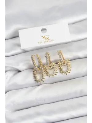 Çelik Gold Renk Zirkon Taşlı Vintage Model YSX Trio Küpe Seti
