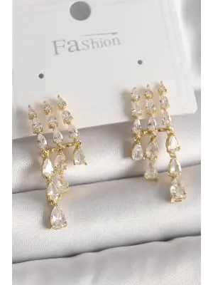  Altın Zirkon Taşlı Yağmur Model Çelik Küpe