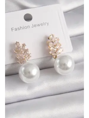  Altın Zirkon Taşlı Yaprak Model İnci Boncuklu Çelik Küpe